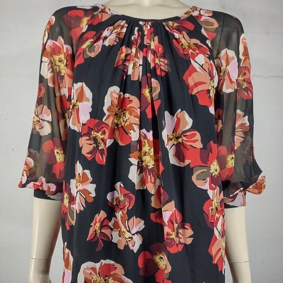 Madewell black red pink white floral sheer layered keyhole back blouse ladies XS - Picture 1 of 9